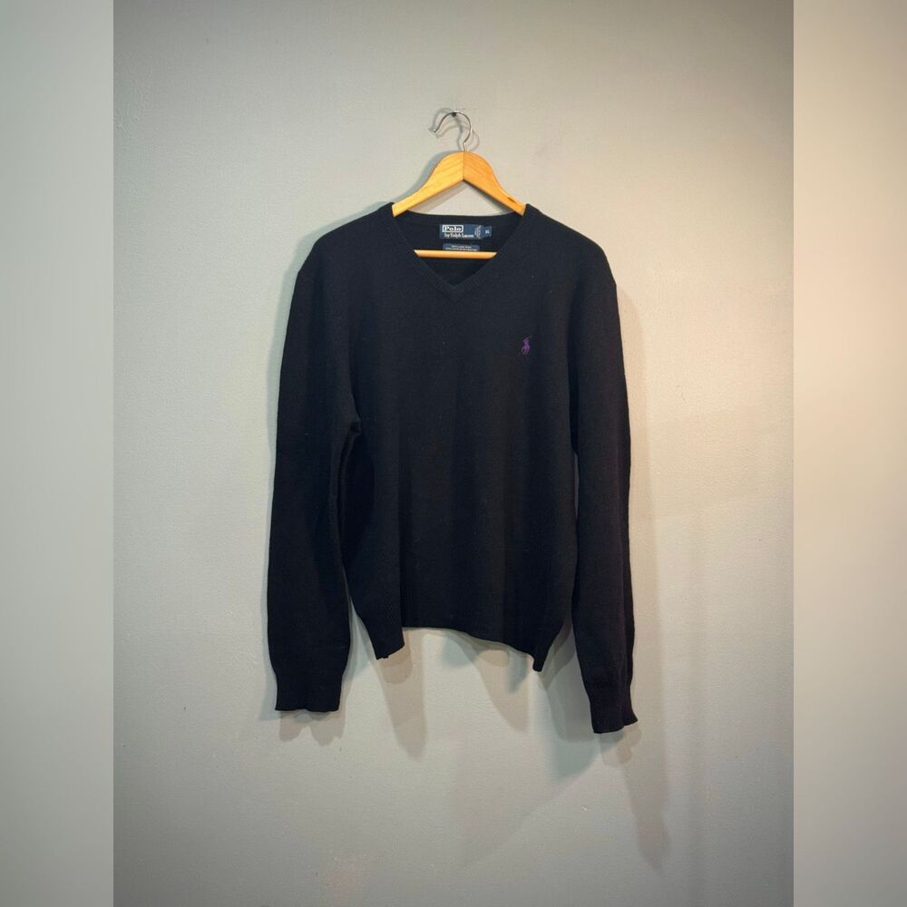 Men's Black Polo Vintage V-Neck 100% Wool Sweater Size XL VGUC